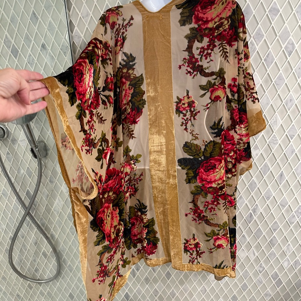 Boho Gold Velvet Trim , Rose Pettern Duster Cardigan